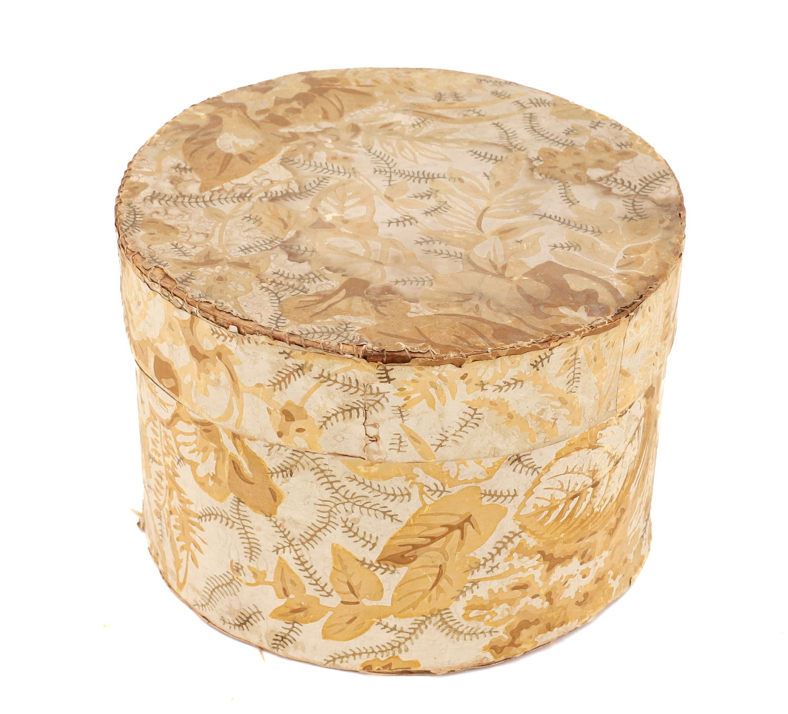 ROUND WALLPAPER BOX: BROWN FLORAL DECORATION. 6" X 8 1/2". PLEASE READ CAREFULLY - Terms for Purchasing and Shipping of Auction Items. Please read carefully before bidding. All payments for purchases will be made through