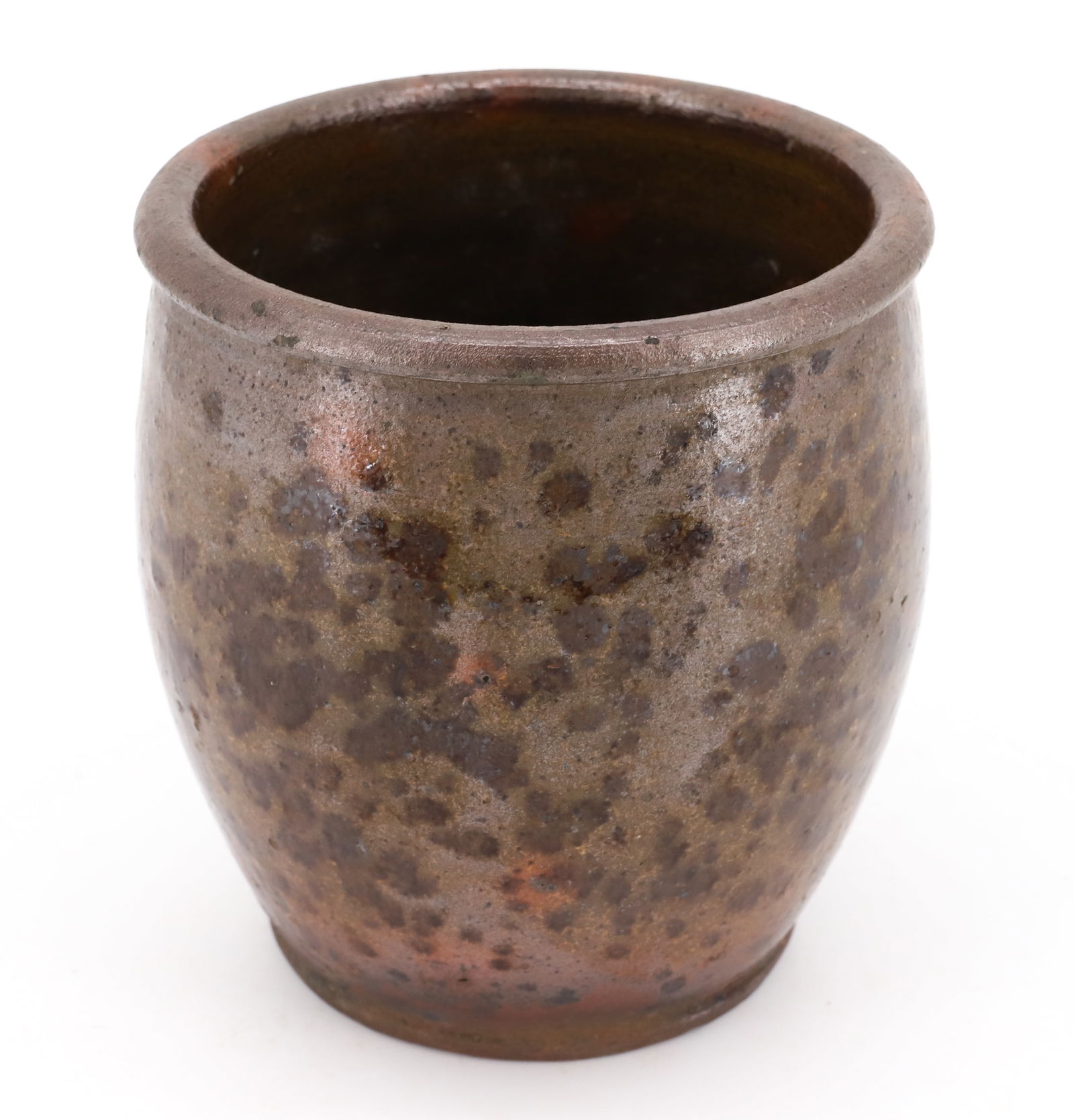 REDWARE DECORATED CROCK: DARK DRAB GLAZE WITH BROWN SPLOTCHES WITH SOME POPS OF ORANGE. 5" X 4 1/2". PLEASE READ CAREFULLY - Terms for Purchasing and Shipping of Auction Items. Please read carefully before bidding. All paymen