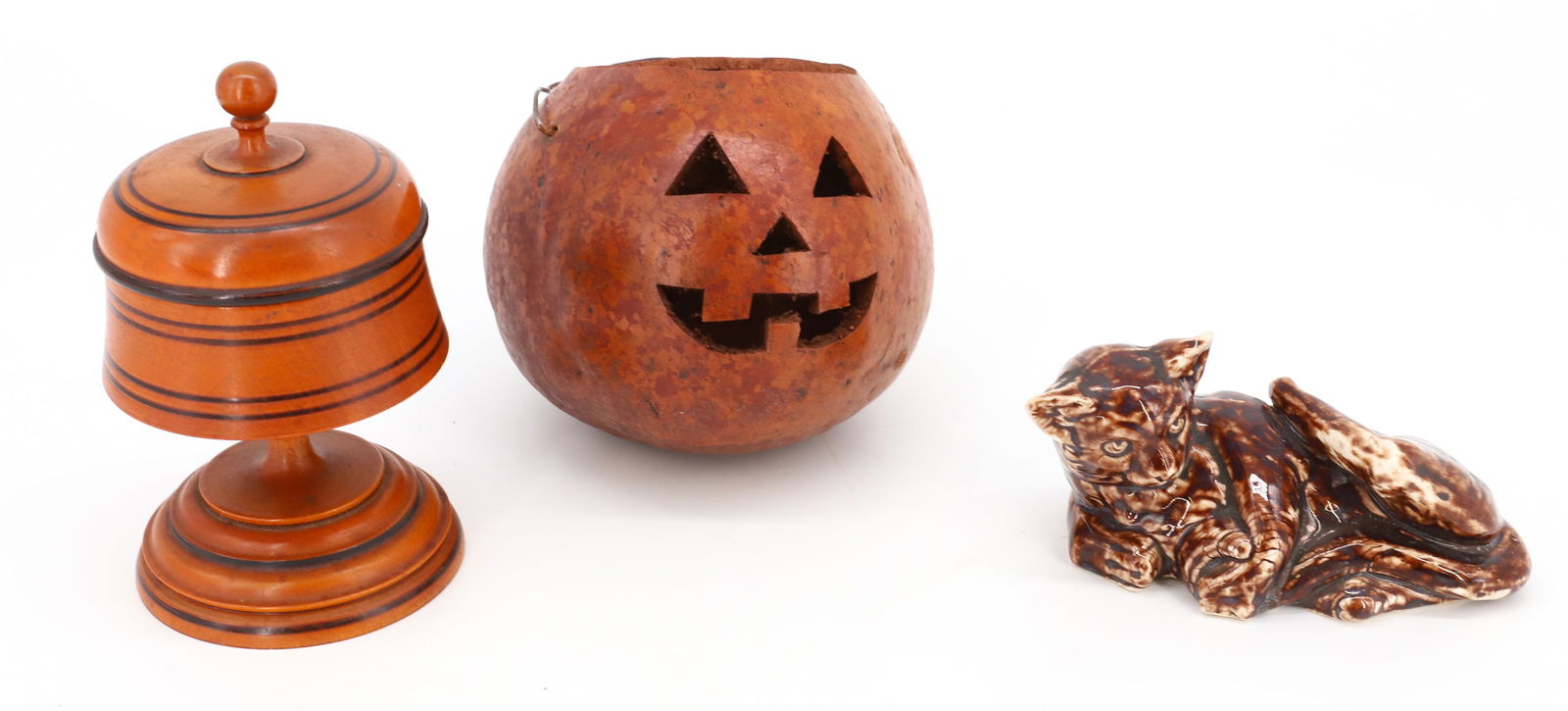 POTTERY  CAT BANK AND TREENWARE CONTAINER (1 of 3)