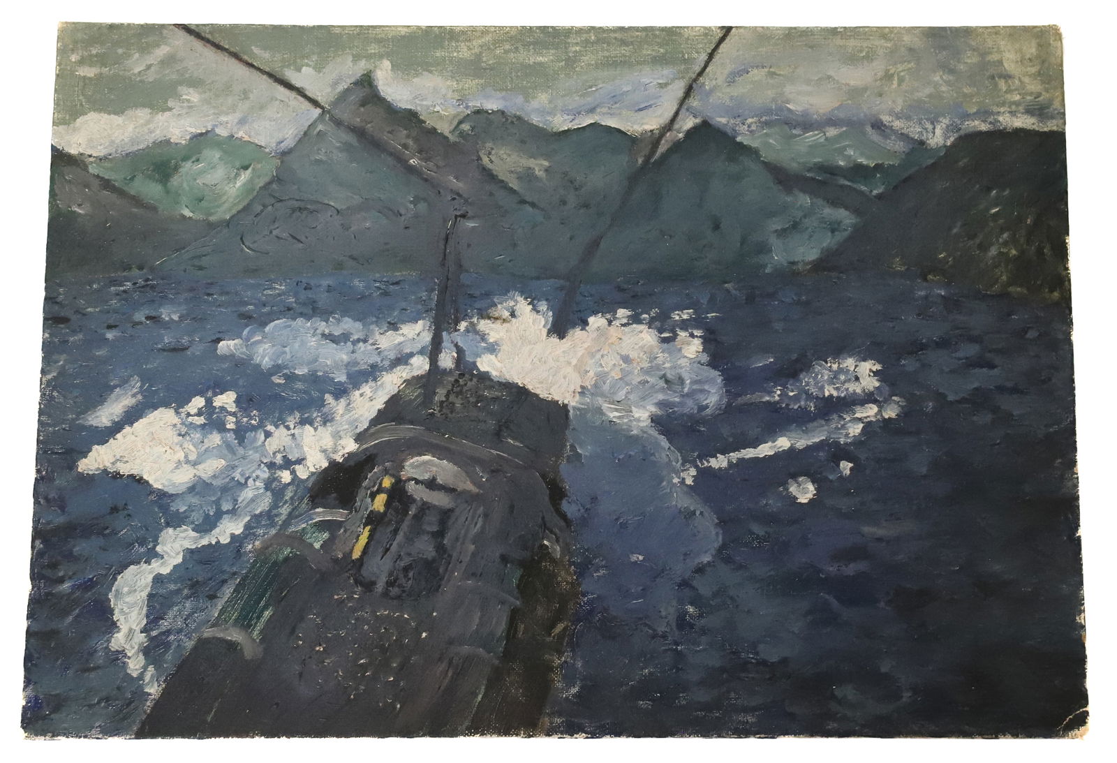 JUSTIN MCCARTHY OIL ON BOARD: SHIP AT SEA. CA. 1940S. PART OF STERLING STRAUSER'S PRIVATE COLLECTION. FROM THE PRIVATE COLLECTION OF KATHRYN ZERVOS, GRANDDAUGHTER OF STERLING STRAUSER. UNFRAMED 10" X 14". INV. 285. PLEASE READ CAR