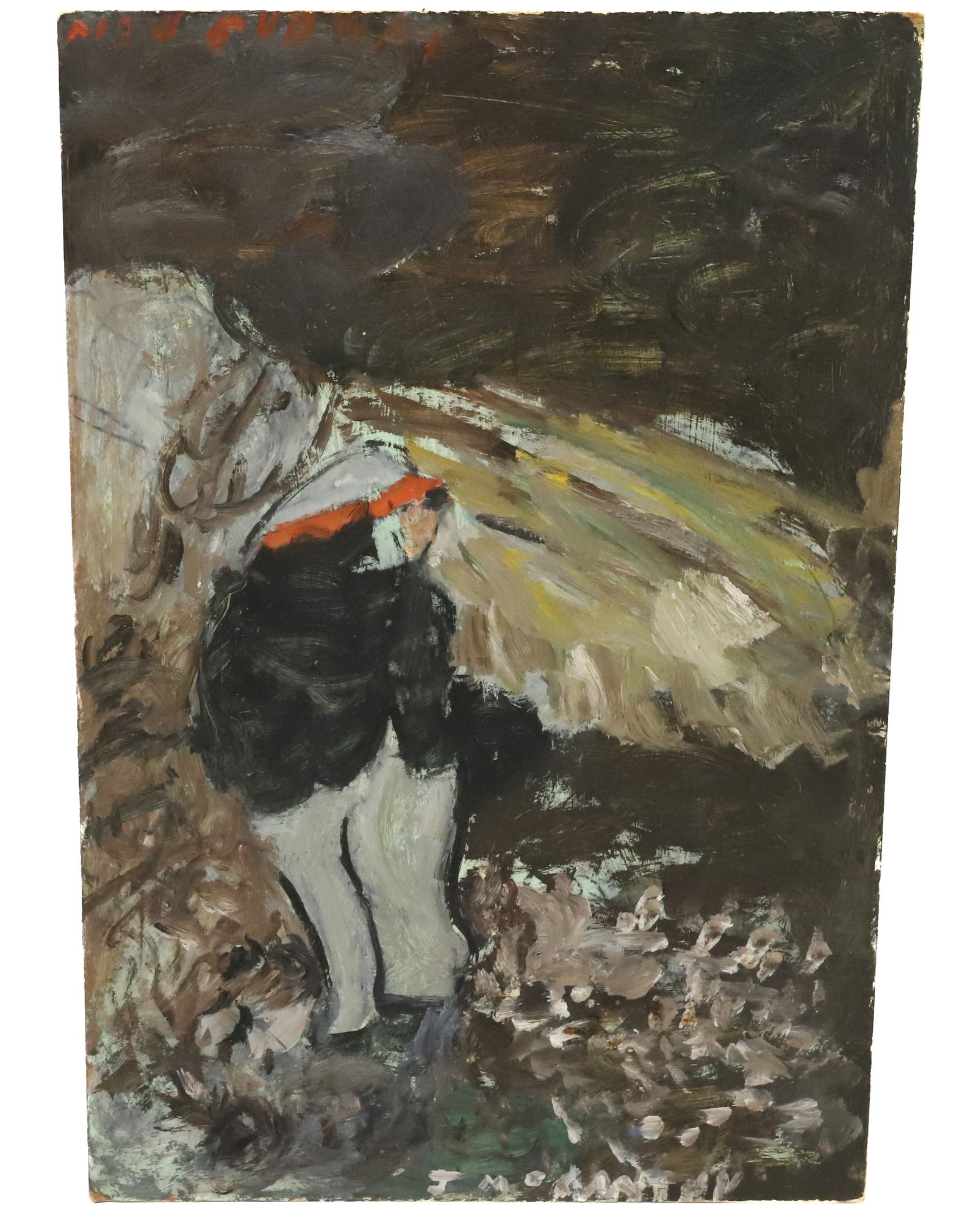 JUSTIN MCCARTHY OIL ON BOARD: MODERNIST. "NYC SUBWAY" AT TOP LEFT. SGND. LR. FROM THE PRIVATE COLLECTION OF KATHRYN ZERVOS, GRANDDAUGHTER OF STERLING STRAUSER. UNFRAMED 24" X 16". INV. 284. PLEASE READ CAREFULLY - Terms for Purcha