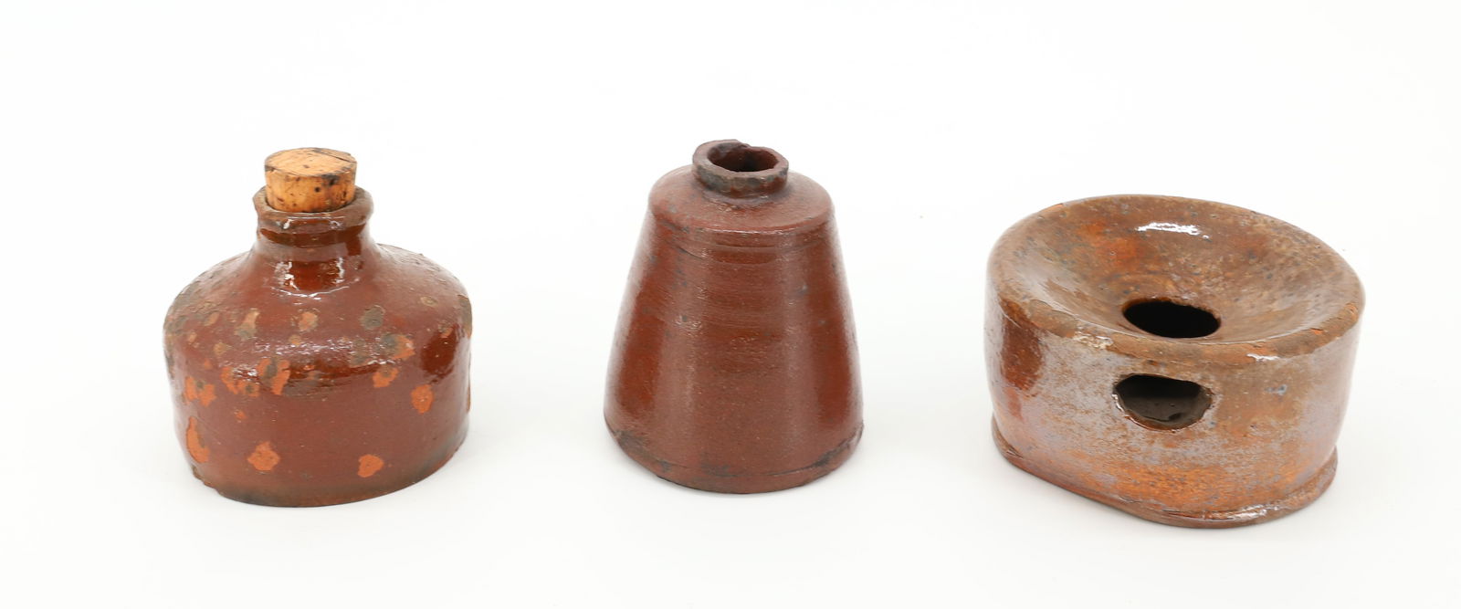 (3) REDWARE PIECES: INCLUDING; MINIATURE SPITOON ( MARKED; FR ON BOTTOM) 3" - INK BOTTLE IN BROWN GLAZE ( 2 1/2" D), AND INKWELL ( 2 1/2") PLEASE READ CAREFULLY - Terms for Purchasing and Shipping of Auction Items. Pleas