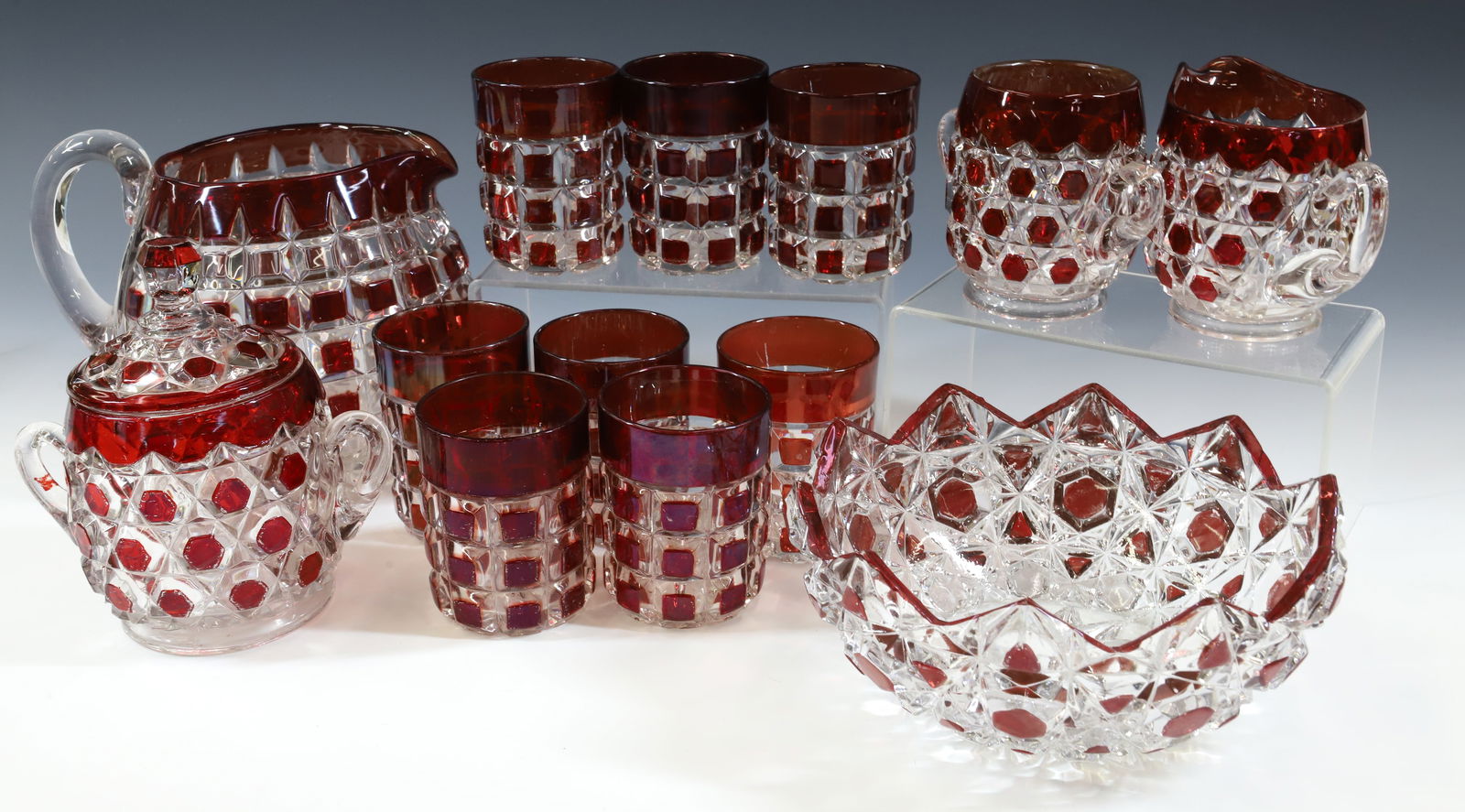 RED BLOCK RUBY GLASS: RED BLOCK PATTERN PITCHER WITH APPLIED HANDLE, EIGHT TUMBLERS AND OTHER PCS. PLEASE READ CAREFULLY - Terms for Purchasing and Shipping of Auction Items. Please read carefully before bidding. All payme