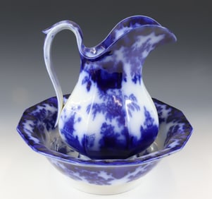 FLOW BLUE SCINDE PITCHER AND BOWL