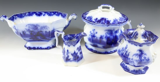 FLOW BLUE SCINDE SOUP TUREEN AND CHAMBER POT