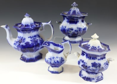 (4) FLOW BLUE TEAPOT,(2) SUGAR BOWLS AND AMOY PITCHER