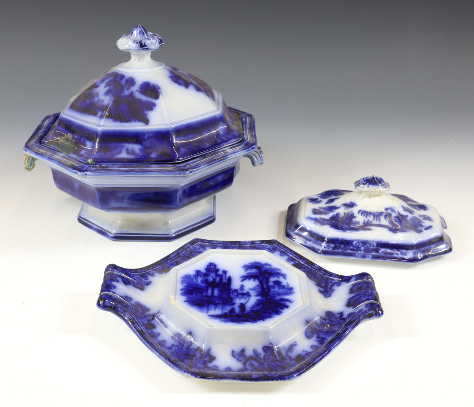 (3) FLOW BLUE COVERED VEGETABLE COBURG PATTERN: COVERED VEGETABLE, TUREEN UNDERPLATE AND LID UNDERPLATE MARKED COBURG PATTERN 7 1/2"H X 9 1/2" PLEASE READ CAREFULLY - Terms for Purchasing and Shipping of Auction Items. Please read carefully before