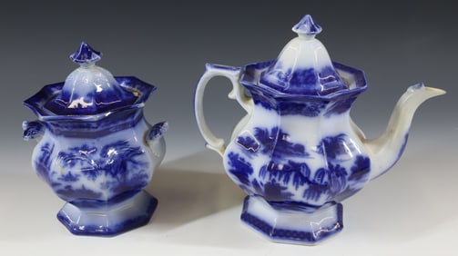 (2) FLOW BLUE TEAPOT AND SUGAR BOWL