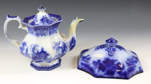 (2) FLOW BLUE TEAPOT AND VEGETABLE LID ARABESQUE