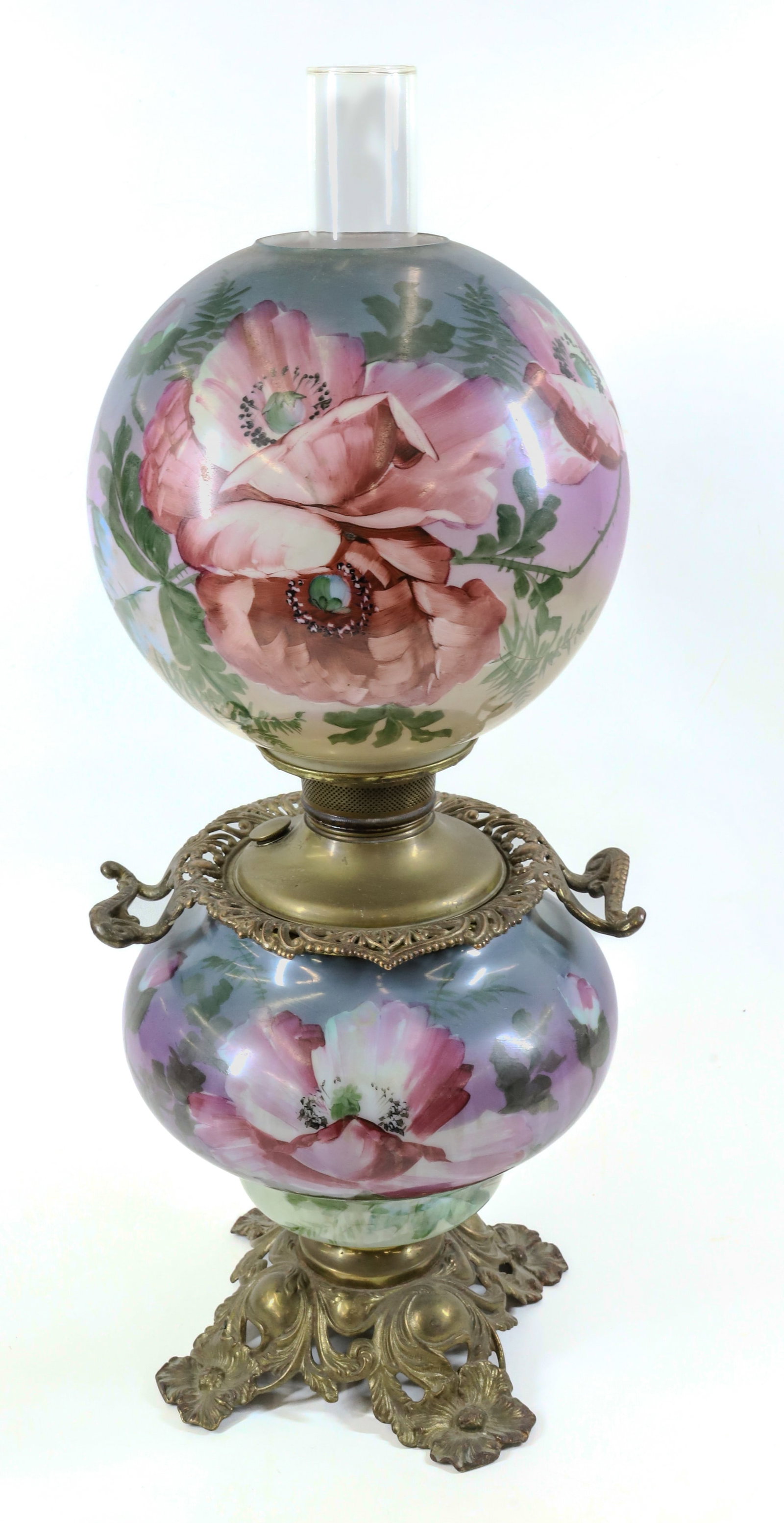 PARLOR KEROSENE LAMP: ALL ORIGINAL HAND PAINTED SHADE AND BASE WITH POPPIES ART NOUVEAU FRAME 26" PLEASE READ CAREFULLY - Terms for Purchasing and Shipping of Auction Items. Please read carefully before bidding. All paymen