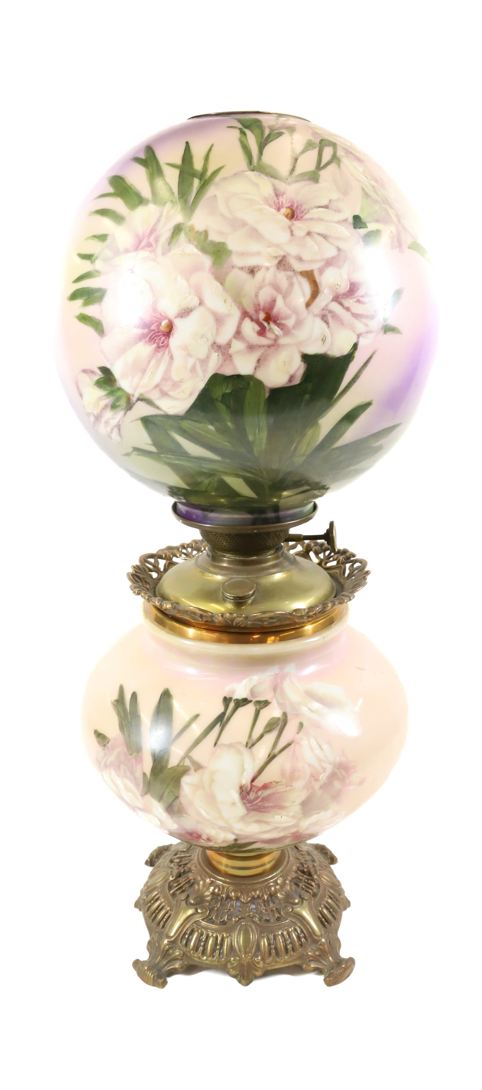 PARLOR KEROSENE LAMP: ALL ORIGINAL HAND PAINTED SHADE AND BASE FLORAL DECORATION, 25"H PLEASE READ CAREFULLY - Terms for Purchasing and Shipping of Auction Items. Please read carefully before bidding. All payments for purc