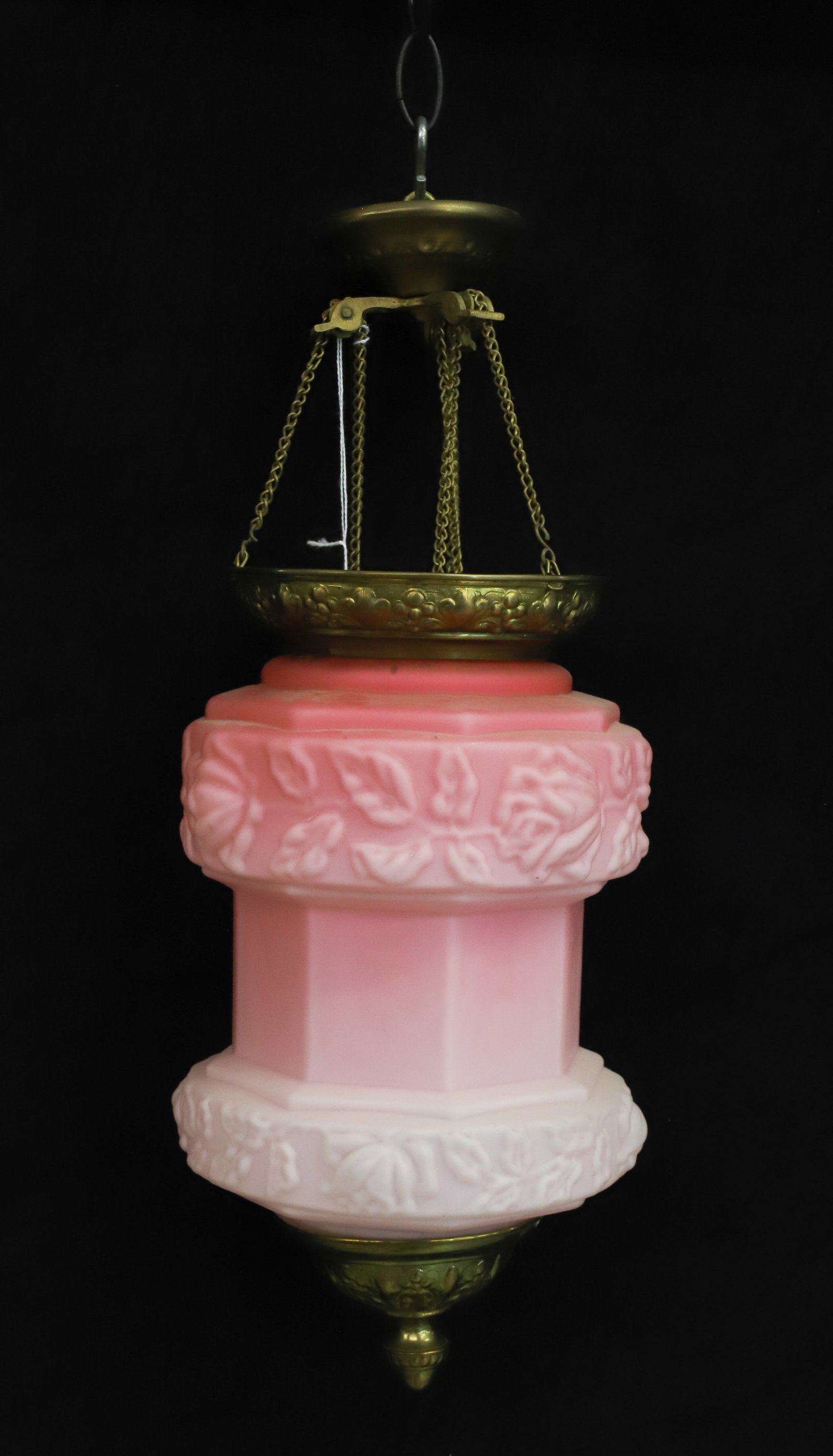 HANGING LAMP: CASED PINK SHADE WITH ROSE BORDER AND PANELS BRASS FRAME 20" TAKES ONE CANDLE NOT ELECTRIFIED PLEASE READ CAREFULLY - Terms for Purchasing and Shipping of Auction Items. Please read carefully before b
