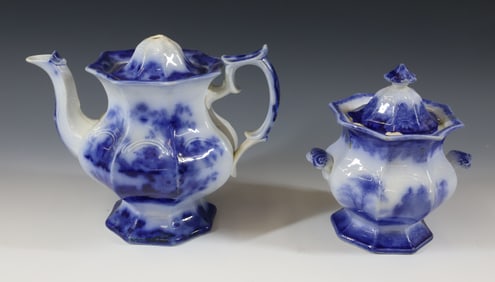 (2) FLOW BLUE SOBARON TEAPOT AND LEIPSIC SUGAR BOWL