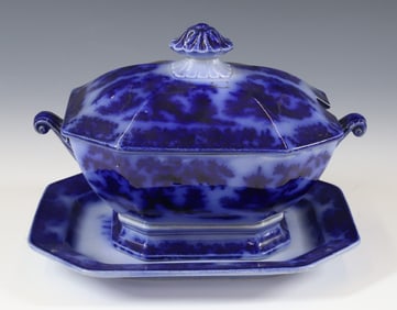 FLOW BLUE SAUCE TUREEN AND UNDERPLATE