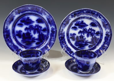 (4) FLOW BLUE MANILLA PATTERN (2) PLATES (2) CUPS/SAUCERS