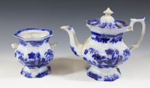 (2) FLOW BLUE TEAPOT AND SUGAR BOWL SEASHELL PATTERN