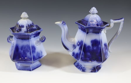 (2) FLOW BLUE PELEW TEAPOT AND SUGAR BOWL