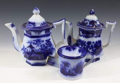 (3) FLOW BLUE AMOY TEAPOT,SUGAR BOWL AND CREAMER