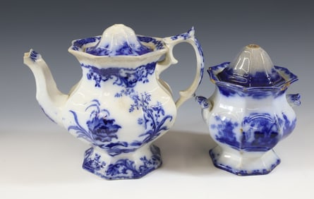 (2) FLOW BLUE CARLTON TEAPOT AND OTHER