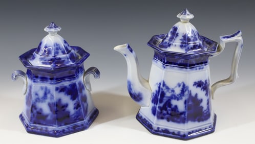 (2) FLOW BLUE FORMOSA TEAPOT AND SUGAR BOWL