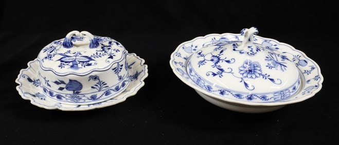 (2) MEISSEN BLUE ONION COVERED BUTTER AND BOWL