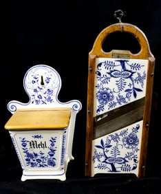 (2) BLUE ONION SALT BOX AND CABBAGE CUTTER