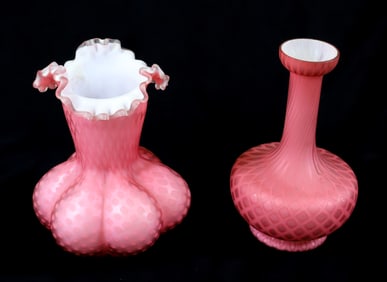 (2) PINK SATIN VASES