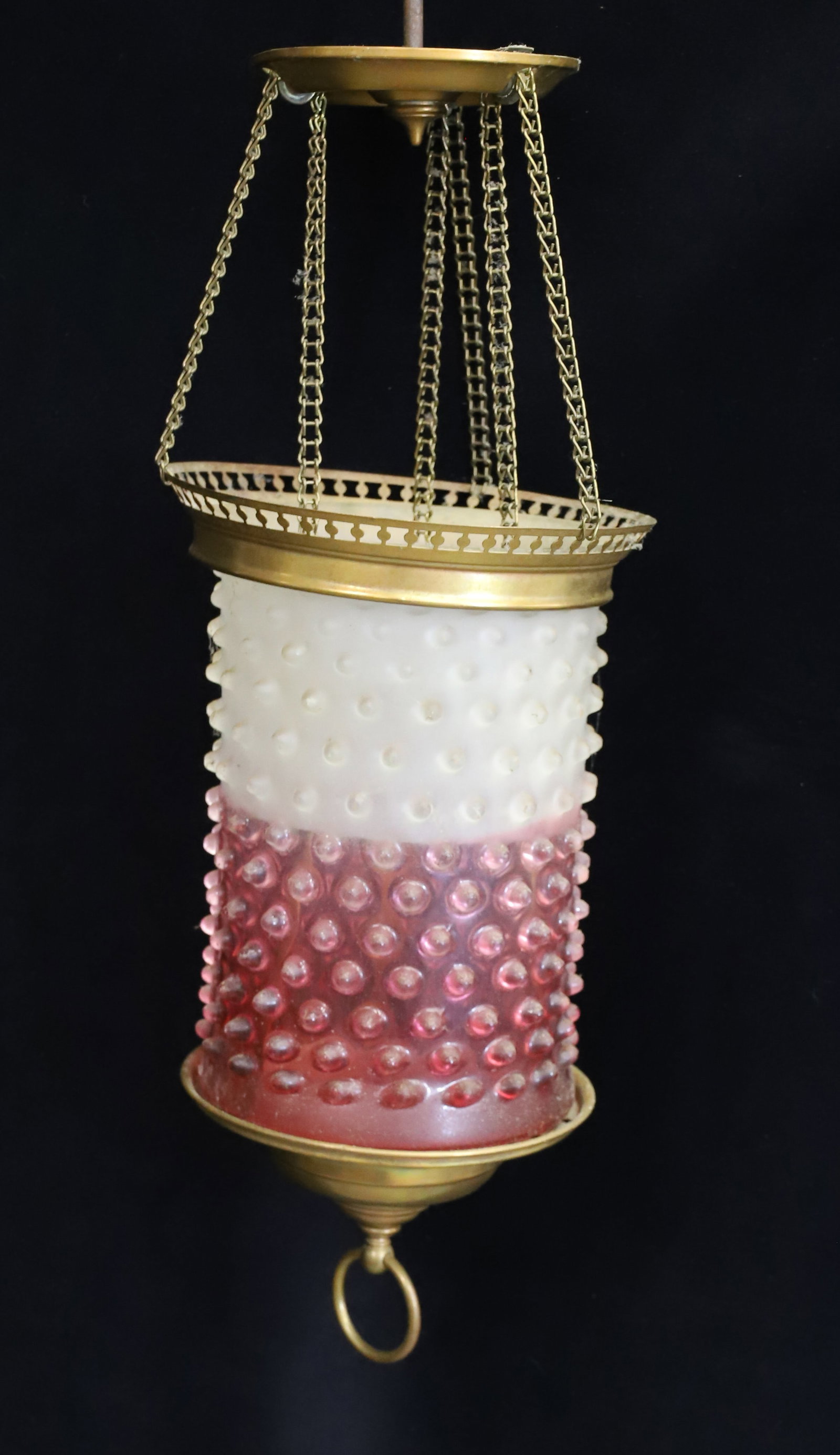 VICTORIAN HANGING LAMP: PATTERN MOLDED HOBNAIL IN SATIN CLEAR TO GLOSS CRANBERRY GLASS NOT ELECTRIFIED NO FONT 20" PLEASE READ CAREFULLY - Terms for Purchasing and Shipping of Auction Items. Please read carefully before bidd