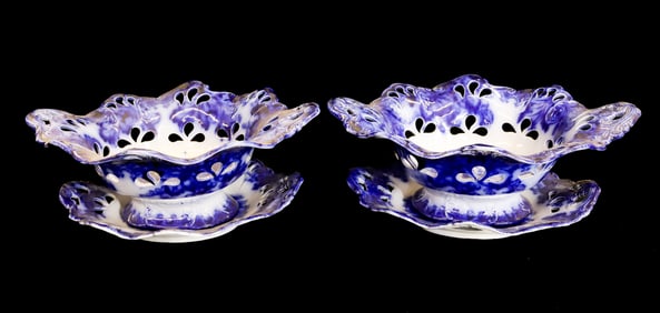 (4) FLOW BLUE COBURG PATTERN CHESTNUT BASKETS AND UNDERPLATES