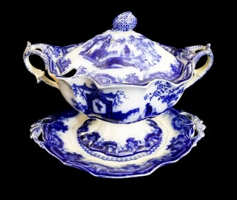 (2) FLOW BLUE OREGON SOUP TUREEN AND UNDERPLATE