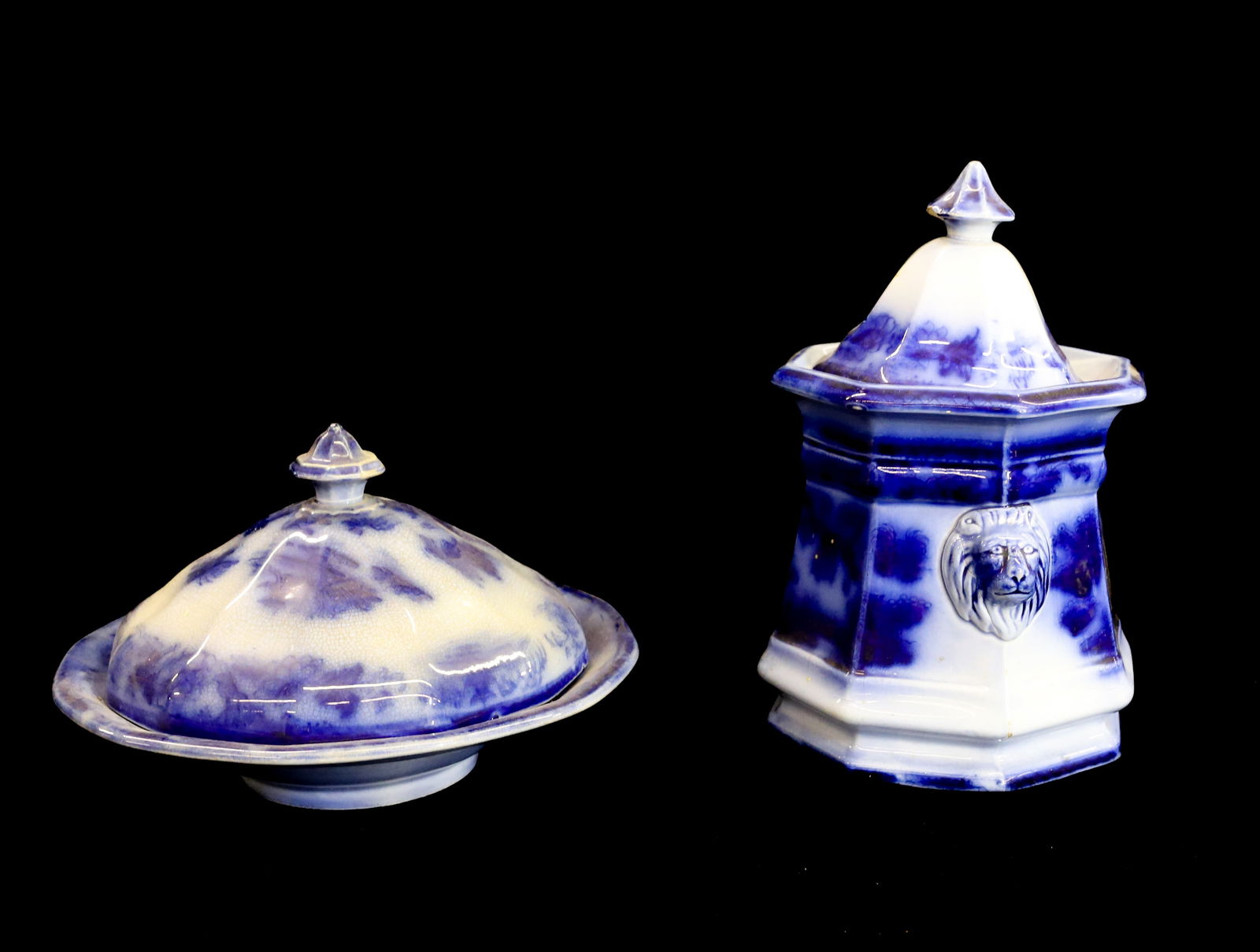 (2) FLOW BLUE MANILLA SUGAR BOWL AND BUTTER DISH (1 of 6)