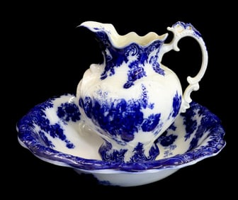 (2) FLOW BLUE VIENNA PITCHER AND BOWL