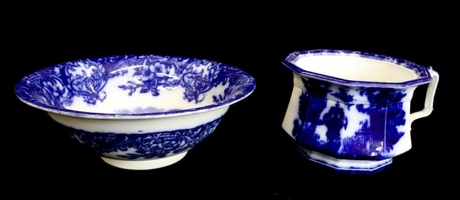(2) FLOW BLUE LARGE BOWL AND TEMPLE CHAMBER POT
