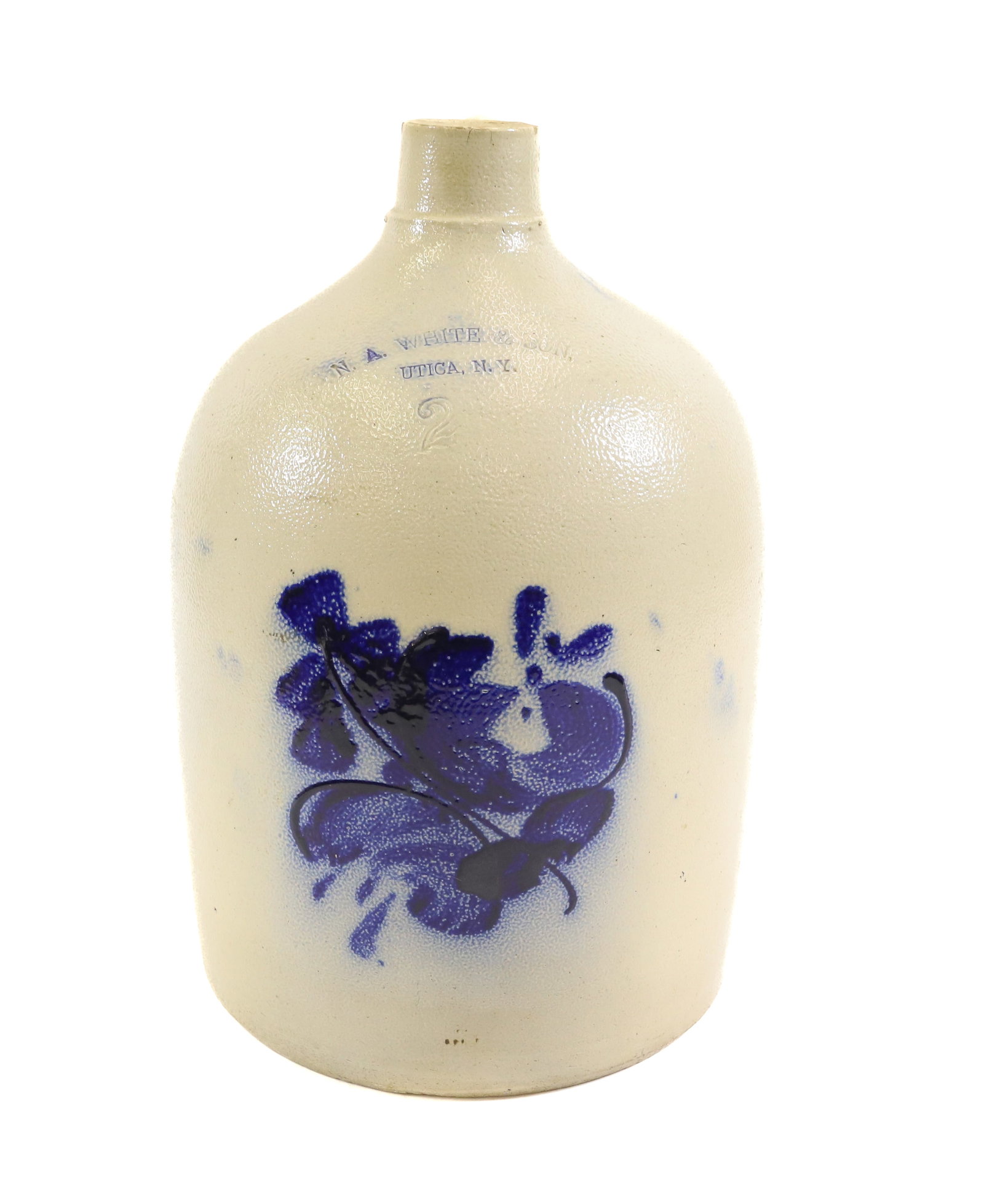 STONEWARE JUG N.A. WHITE & SON UTICA NY: N.A.WHITE & SON UTICA NY BLUE DECORATED 2 GALLON JUG FLOWER.LEAF 14"H X 9" PLEASE READ CAREFULLY - Terms for Purchasing and Shipping of Auction Items. Please read carefully before bidding. All payment