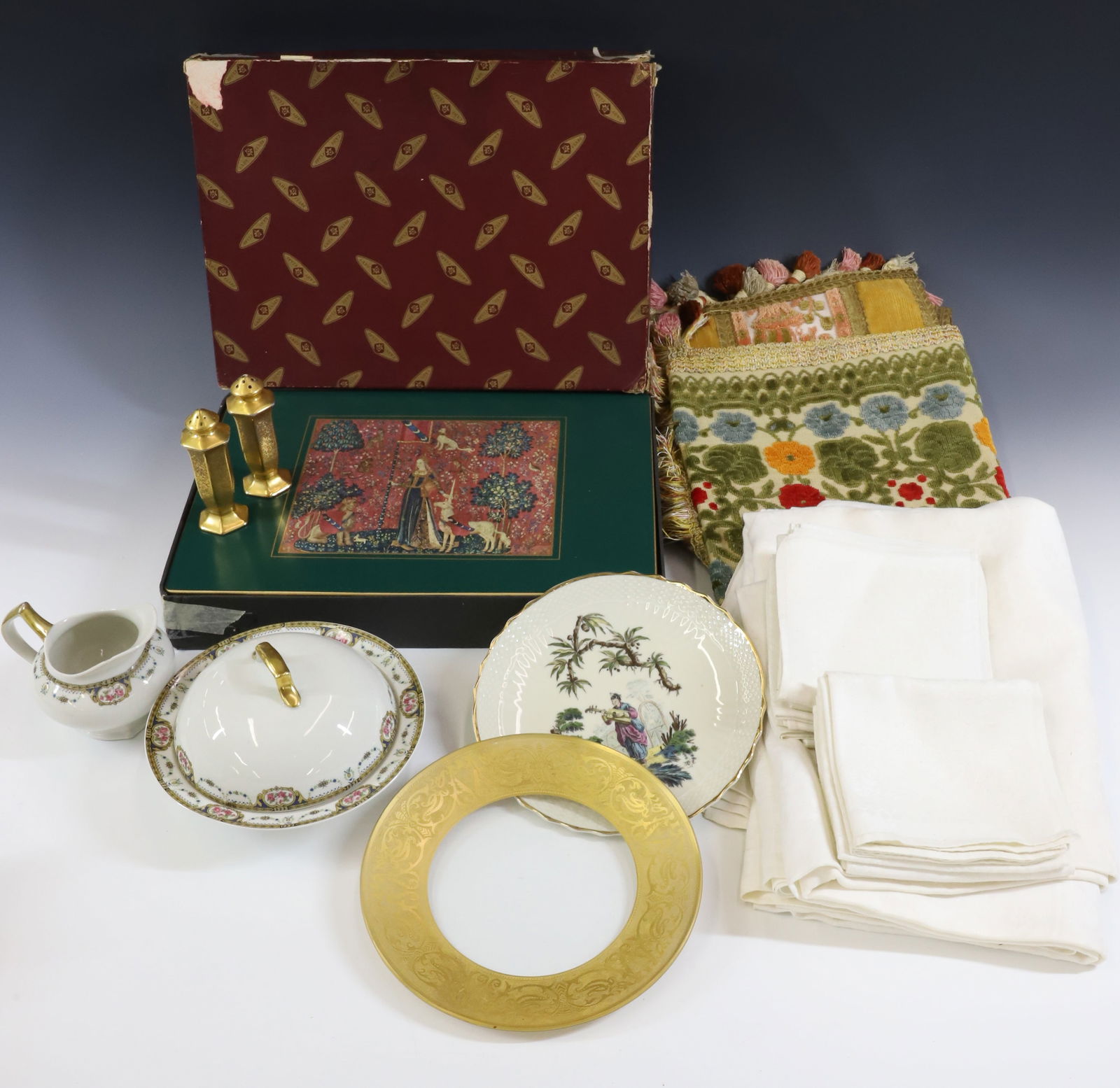 PLACEMATS TABLE RUNNERS: INCLUDED LIMOGE BUTTER DISH, PICKARD SALT/PEPPER SHAKERS , PORCELAIN PLATE AND GLASS PLATE TWO TEXTILE TABLE RUNNERS 13" X 42", 10" X 30", (8) MELAMINE PLACEMATS IN BOX 10" X 14" PLEASE READ CAREFULLY