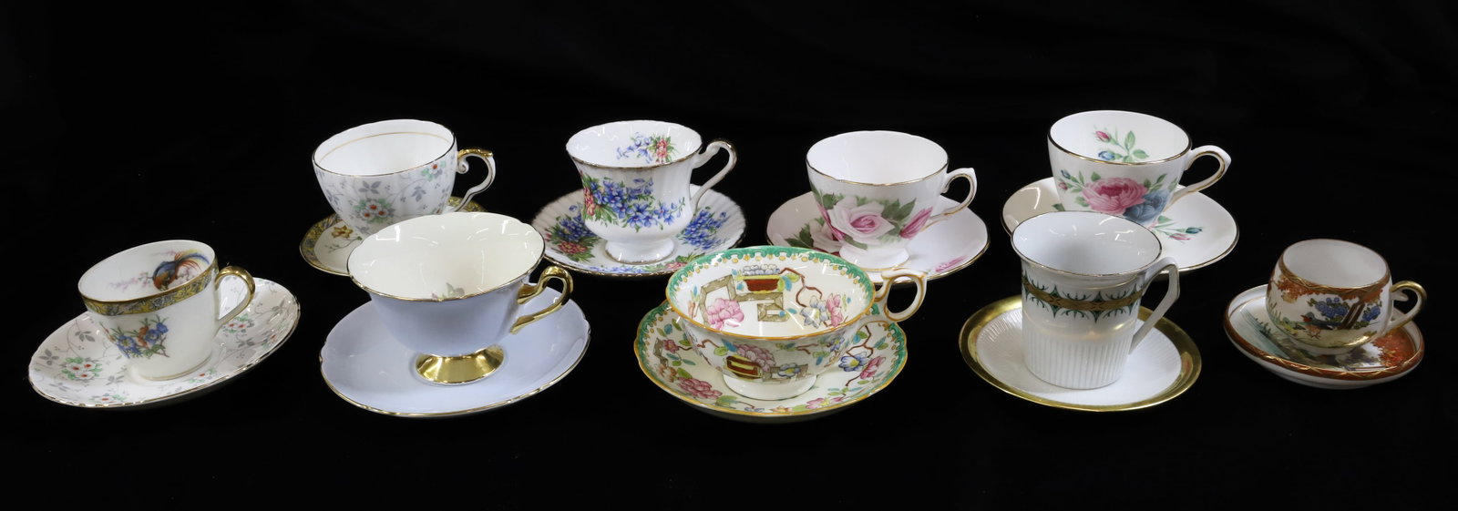 (9) PORCELAIN CUPS/SAUCERS: INCLUDING SHELLEY PALE BLUE, HAMMERSLEY, CRAFTON, THEO HAVILAND, ROYAL VALE, KUTANI ETC 3" X 5 1/2" PLEASE READ CAREFULLY - Terms for Purchasing and Shipping of Auction Items. Please read carefully be
