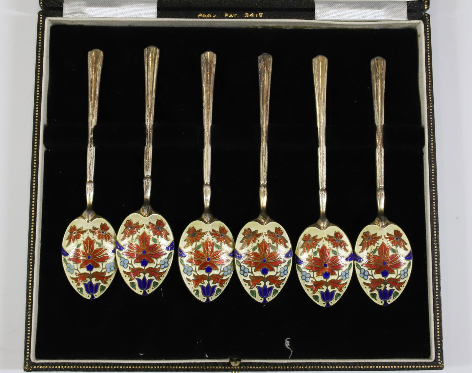 (6) MAPPIN & WEBB ENAMEL SPOONS: RED BLUE AND WHITE ENAMEL BOWLS MARKED T&S AND HALLMARKS IN GIFT BOX 4"L TOTAL WEIGHT 2 OZT PLEASE READ CAREFULLY - Terms for Purchasing and Shipping of Auction Items. Please read carefully before bid