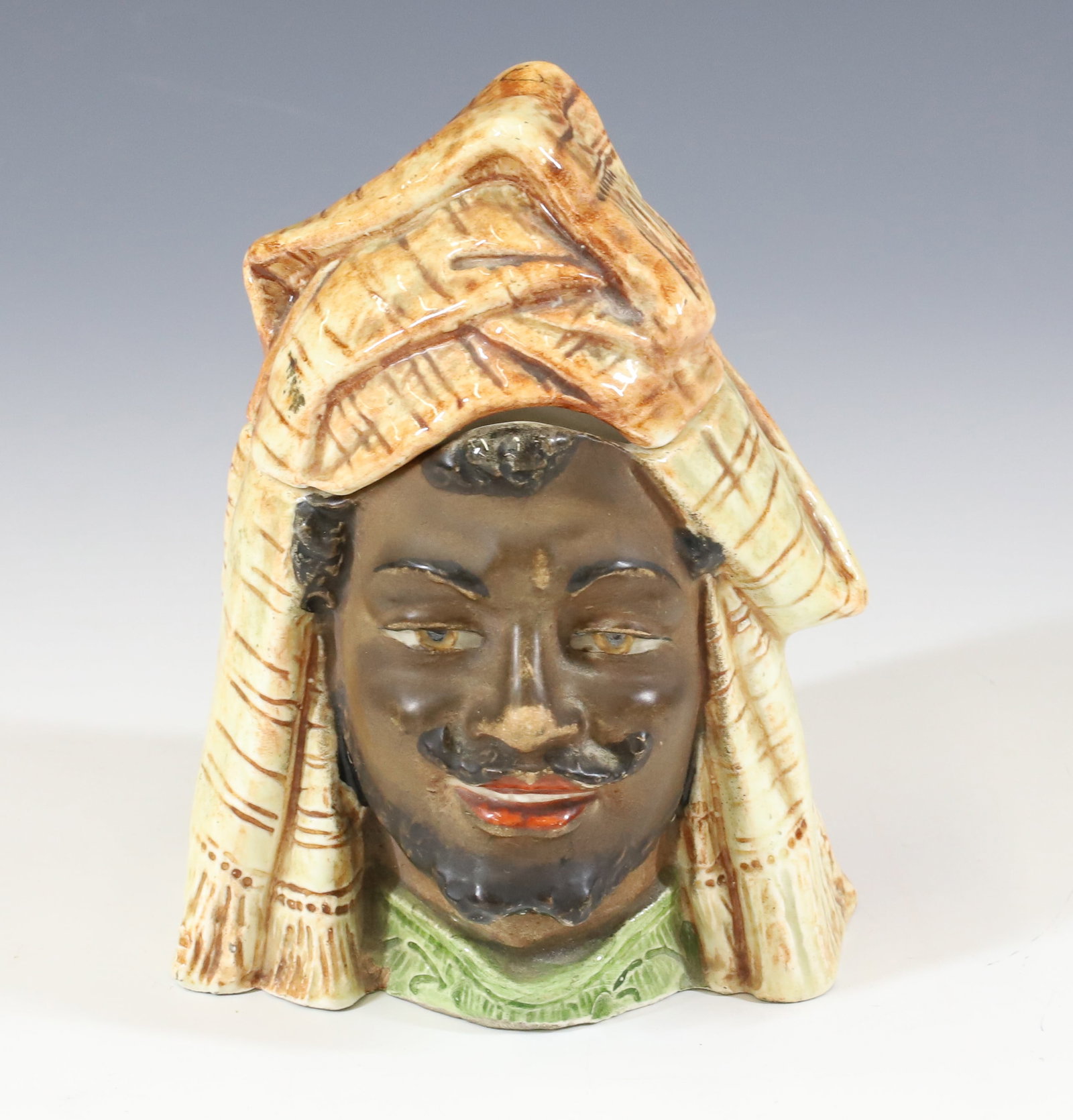MAJOLICA HUMIDOR: GERMAN MAJOLICA TOBACCO HUMIDOR ARAB GENTLEMAN 5 1/2"H PLEASE READ CAREFULLY - Terms for Purchasing and Shipping of Auction Items. Please read carefully before bidding. All payments for purchases will