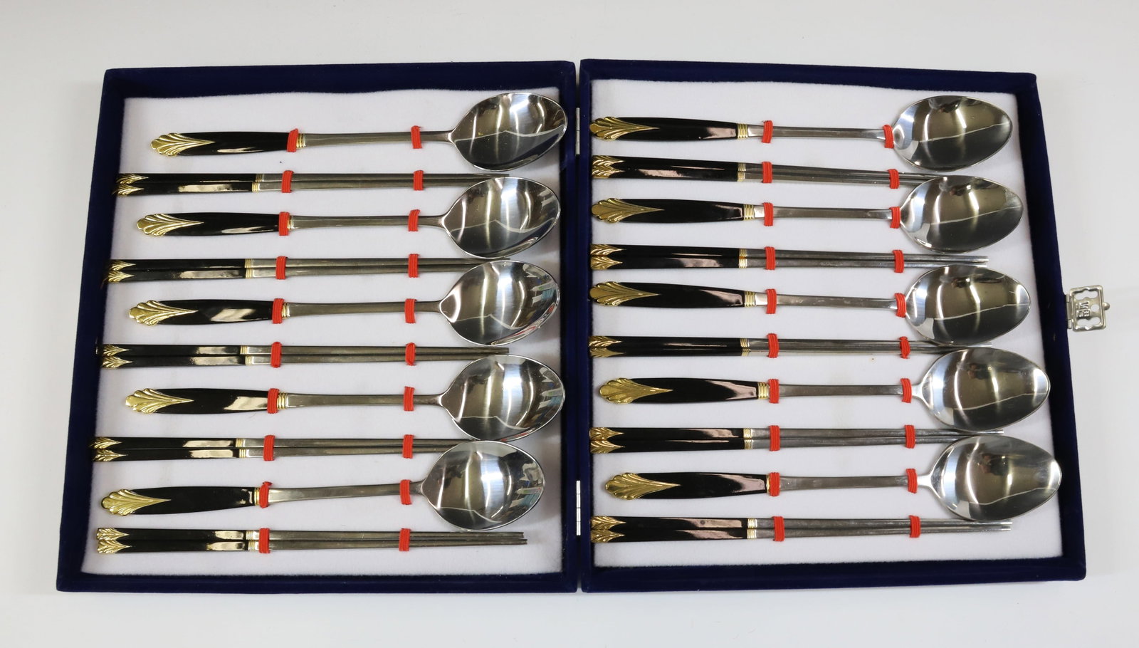 KOREAN FLATWARE SET: INCLUDES SERVICE FOR (10) SOUP SPOONS AND CHOPSTICKS 8 1/4"L 9 1/4" X 10" PLEASE READ CAREFULLY - Terms for Purchasing and Shipping of Auction Items. Please read carefully before bidding. All payments