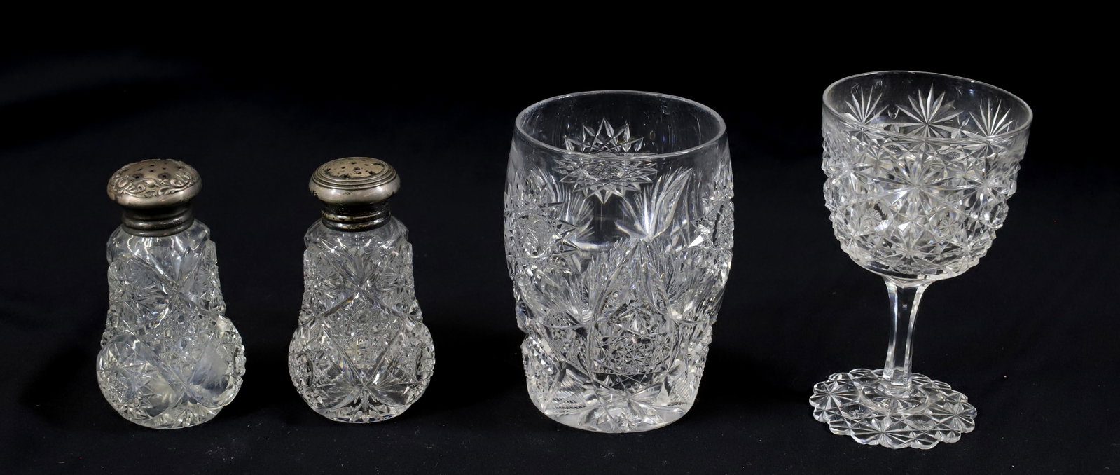 (4) CUT GLASS: RUSSIAN CUT GLASS PATTERN WINE GLASS, BRILLIANT CUT TUMBLER AND PAIR OF SHAKERS MATCHING WITH NOT MATCHING STERLING SILVER LIDS 3" TO 4"H PLEASE READ CAREFULLY - Terms for Purchasing and Shipping of A