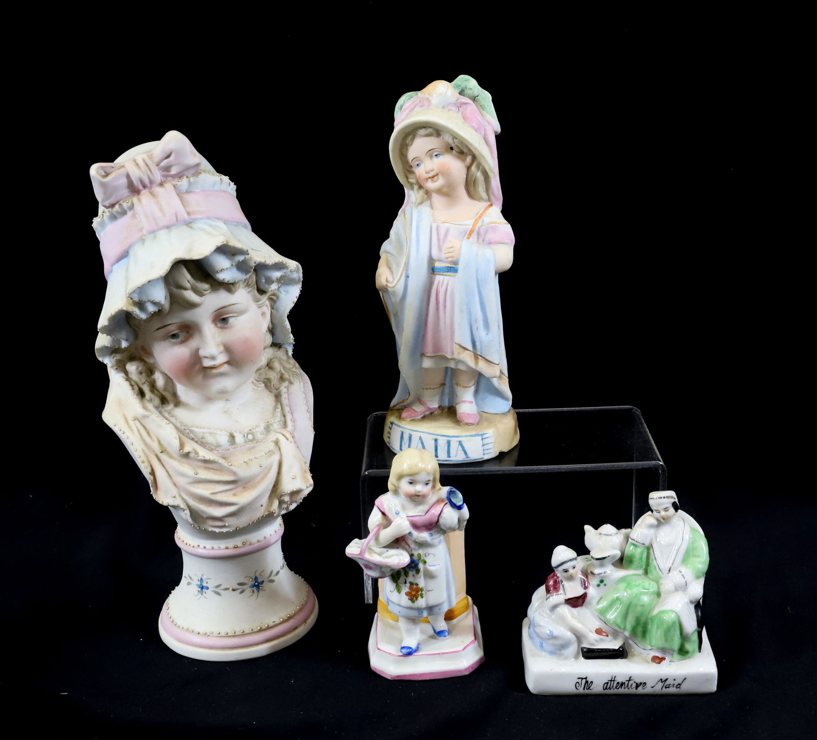 (4) BISQUE AND FARTHINGS: GERMAN BISQUE BUST OF YOUNG GIRL IN ORNATE BONNET, CHILD IN MOTHERS CLOTHES "MAMA", AND GROUP FARTHING, TOOTHPICK FARTHING STAFFORDSHIRE 9 1/2"H LARGEST PLEASE READ CAREFULLY - Terms for Purchasing an