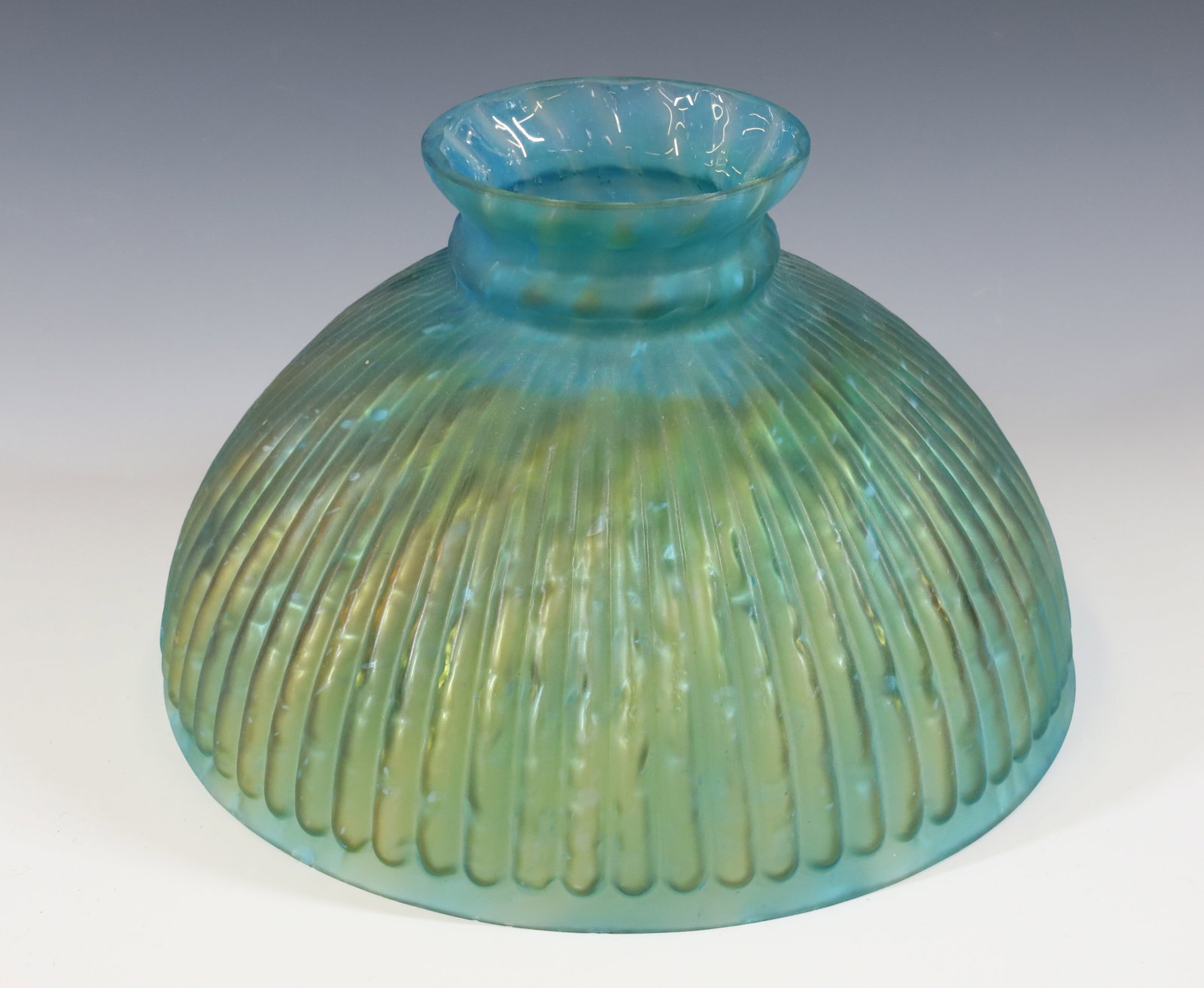 ART GLASS SHADE: BY PANTIN FRANCE IRIDESCENT INTERIOR WITH RAINBOW SWIRL OF COLORS ON LIGHT BLUE GLASS 7 1/4" X 12" DIA PLEASE READ CAREFULLY - Terms for Purchasing and Shipping of Auction Items. Please read carefully