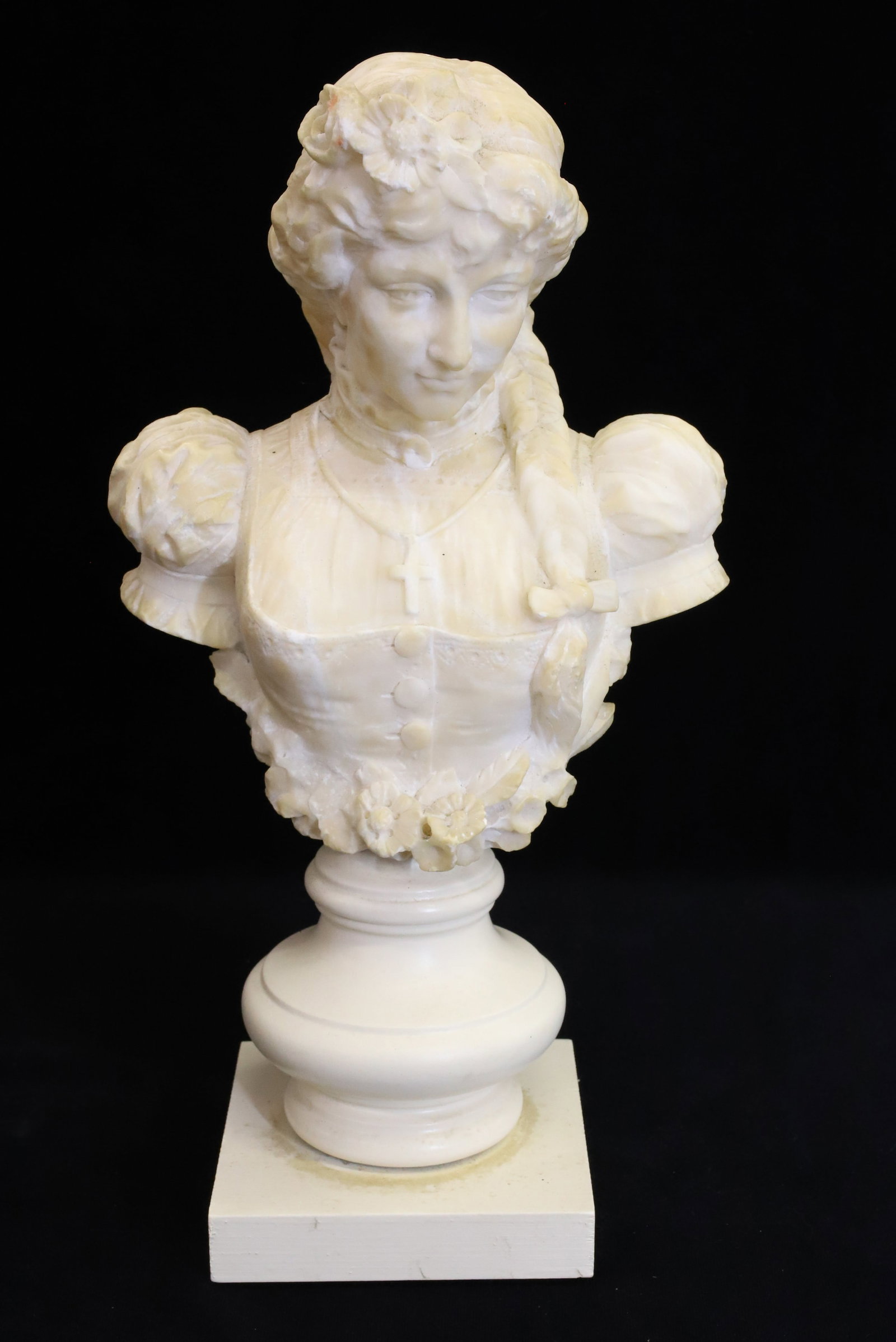 ALABASTER BUST: BUST OF VICTORIAN LADY WITH CROSS AT NECK,WOOD BASE.. 14" X 7 1/2" PLEASE READ CAREFULLY - Terms for Purchasing and Shipping of Auction Items. Please read carefully before bidding. All payments for pu