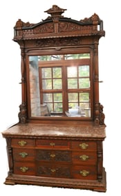 LARGE ORNATE CARVED MARBLE TOP DRESSER