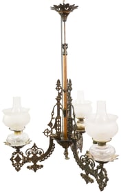 ANTIQUE CAST IRON BRADLEY & HUBBARD (Attrib), HANGING THREE-ARM CHANDELIER