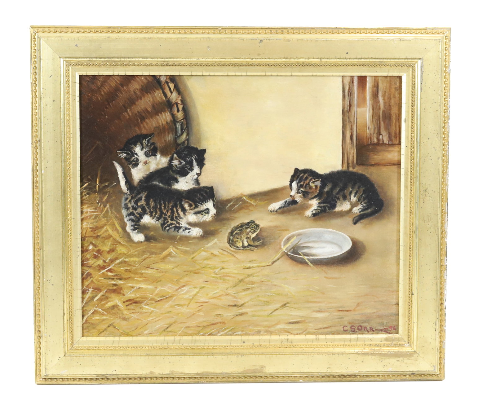 OIL ON CANVAS: FOUR KITTENS WITH FROG BOWL OF MILK SIGNED BY C SORR '96 IN GOLD GESSO FRAME 13 3/4" X 16 3/4" OVERALL 18 3/4" X 21 1/2" PLEASE READ CAREFULLY - Terms for Purchasing and Shipping of Auction Items. Ple
