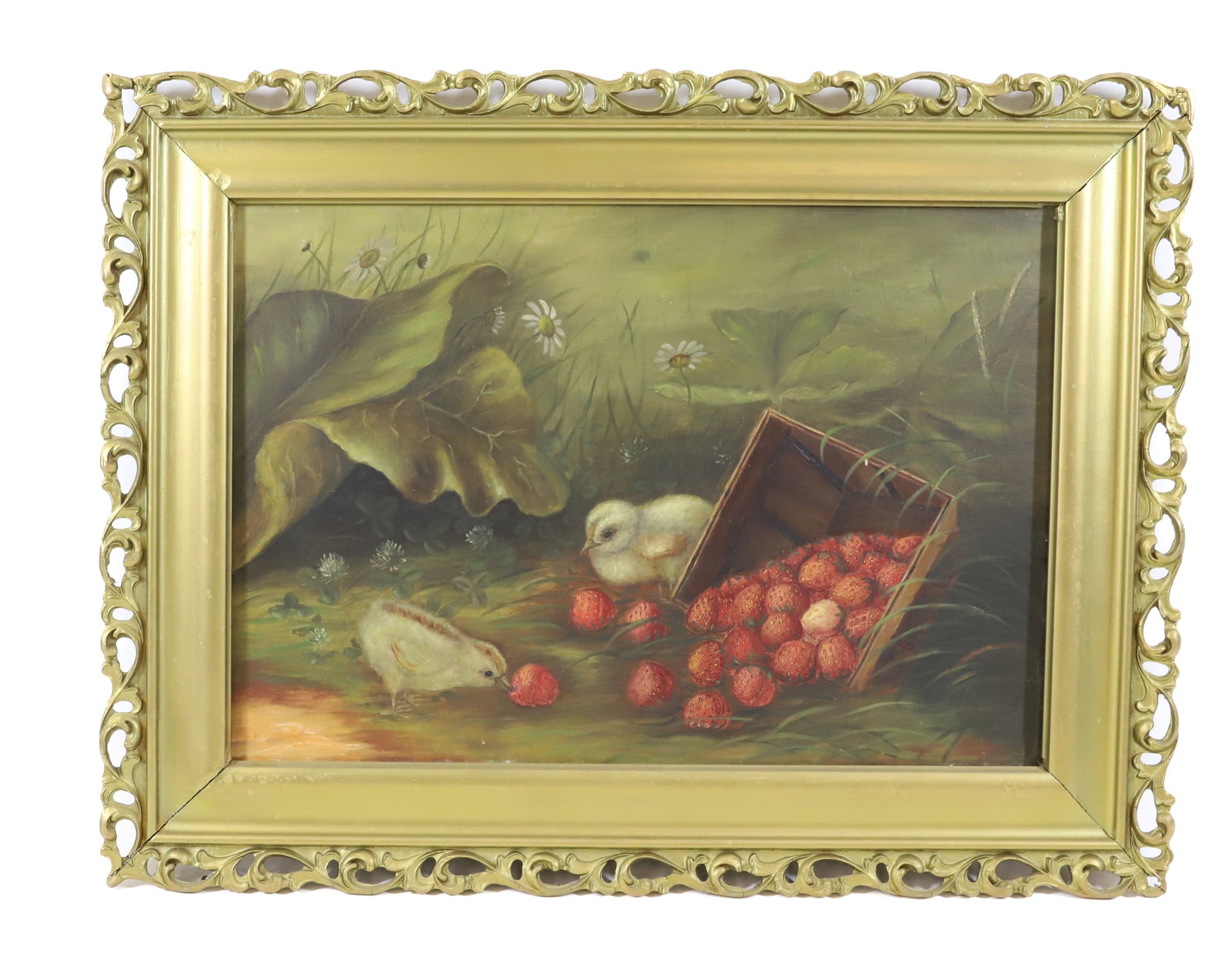 OIL ON CANVAS: TWO CHICKS WITH SPILLED BOX OF STRAWBERRIES DAISIES AND FOLIAGE UNSIGNED PATENTED STRETCHER 1885 IN GOLD GESSO FRAME 13" X 18 1/2" OVERALL 18 1/2" X 24 1/2" PLEASE READ CAREFULLY - Terms for Purchasin
