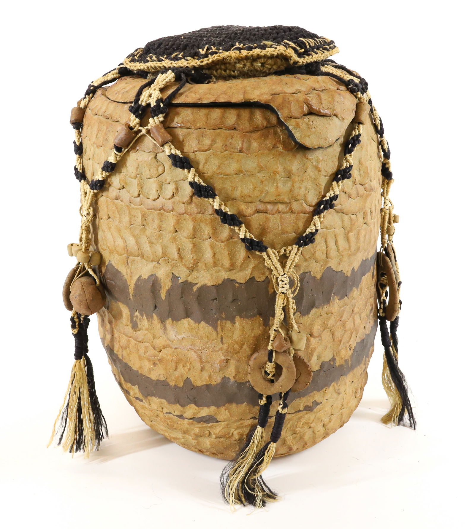 CONTEMPORARY ART POTTERY: HAND POTTED STORAGE JAR WITH LID AND CROCHETED PILLOW AND ORNAMENT 17" X 12 1/2"DIA PLEASE READ CAREFULLY - Terms for Purchasing and Shipping of Auction Items. Please read carefully before bidding. Al