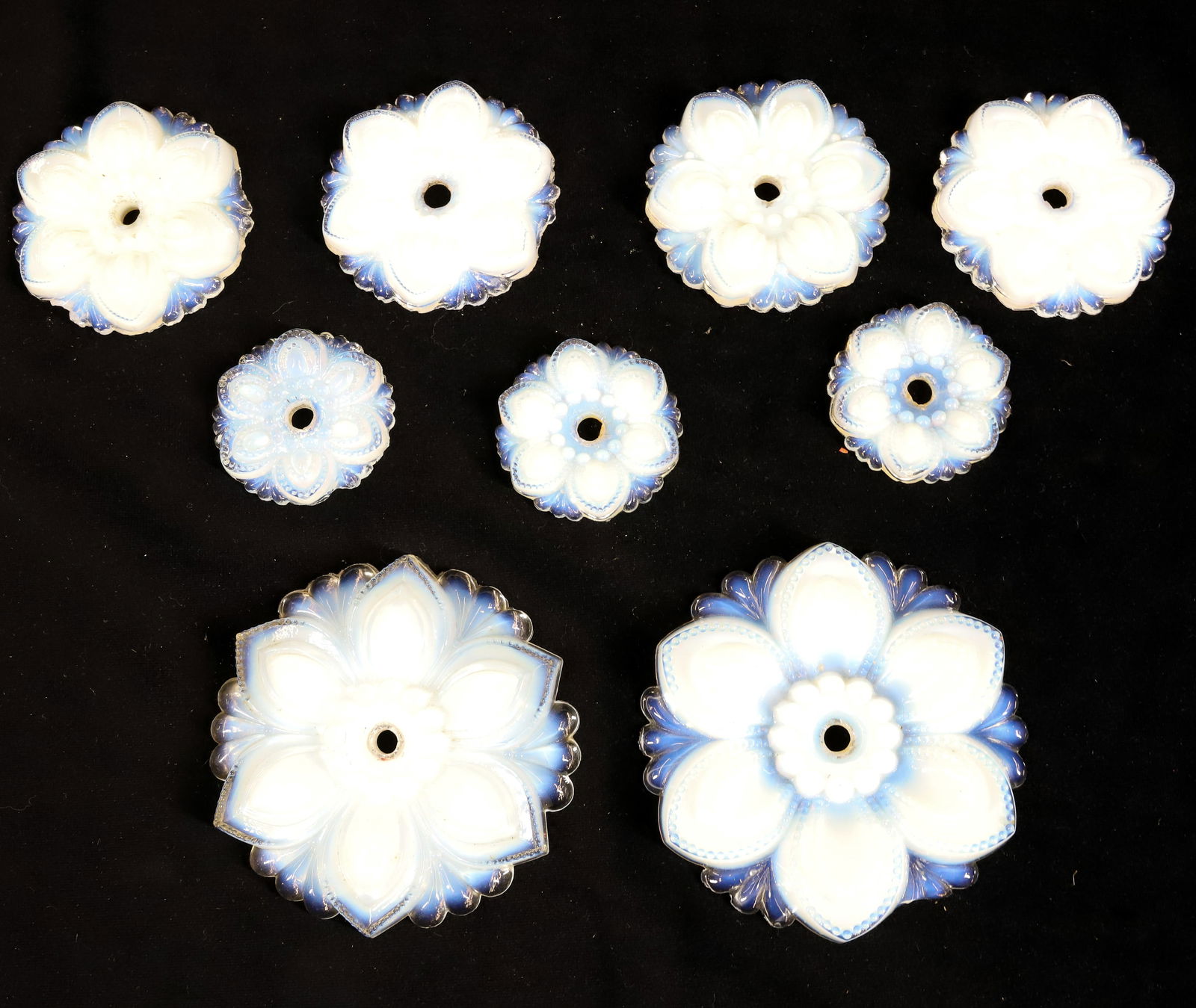 (8) BOSTON & SANDWICH GLASS CURTAIN TIEBACKS: ALL HAVE SOLID FRONT OPALESCENT GLASS 3 1/2" PLEASE READ CAREFULLY - Terms for Purchasing and Shipping of Auction Items. Please read carefully before bidding. All payments for purchases will be made t