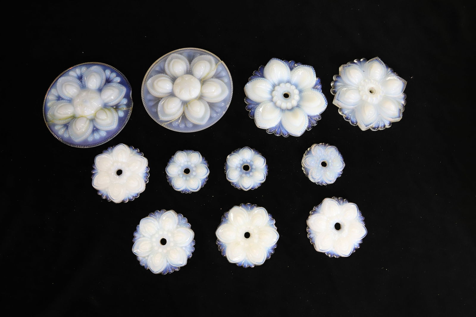 (11) BOSTON & SANDWICH GLASS CURTAIN TIEBACKS: OPEN FRONTS FOR BOLT, 1 1/4" TO 4 1/2" PLEASE READ CAREFULLY - Terms for Purchasing and Shipping of Auction Items. Please read carefully before bidding. All payments for purchases will be made through